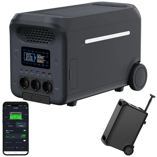 revolt Solarpowerbank: Mobile Trolley-Powerstation mit 3.000 Watt - Generatoren mit 2,56 kWh LiFePO4-Akku, 3.000 Watt Dauerleistung und Schnellladefunktion in nur 100 Minuten. Ideal für mobile Stromversorgung und Notstrombetrieb.