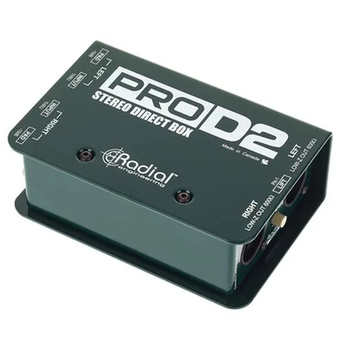 Radial engineering Pro D2 DI Box - Symmetrierboxen mit passivem Stereo-Design, Dual Transformator für optimale Impedanzumwandlung und Isolierung, ideal für professionelle Audioanwendungen.