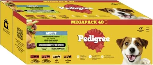 PEDIGREE 40 x 100g Hundefutter Nass Fleisch & Geflügel Mix mit Gemüse in Sauce