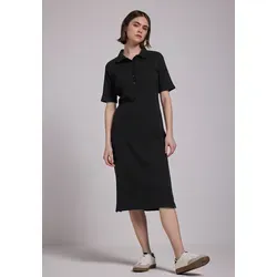 Street One Studio Damen F144452 Kleid mit Rippstruktur, Schwarz, 42 - Freizeitkleid mit Hemdkragen und dekorativer Knopfleiste, seitlichen Schlitzen für Bewegungsfreiheit, aus komfortablem Baumwollmix mit Stretchanteil.
