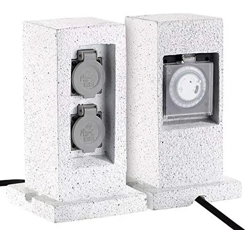 Royal Gardineer Gartenstein-Steckdosen: 2er-Set 2-Fach-Garten-Steckdosen in Stein-Optik, mit Zeitschaltuhr (Outdoorsteckdose, Steckdosen Garten wasserdicht, Weihnachtsbeleuchtung)