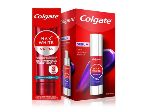 Colgate Zahnbleaching-Kit Max White Ultra Freshness Zahnpasta + Purple Serum Routine Set, 90ml, Activeshine Technology