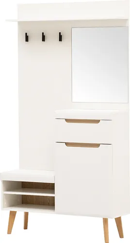 Lomadox Garderobenschrank STOCKTON-61 in Weiß mit Eiche Nb. - Moderne Flur-Garderobe mit Spiegel und Stauraum. Bietet Platz für 4 Paar Schuhe und sorgt für Ordnung im Eingangsbereich. Skandinavisches Design für eine freundliche Atmosphäre.