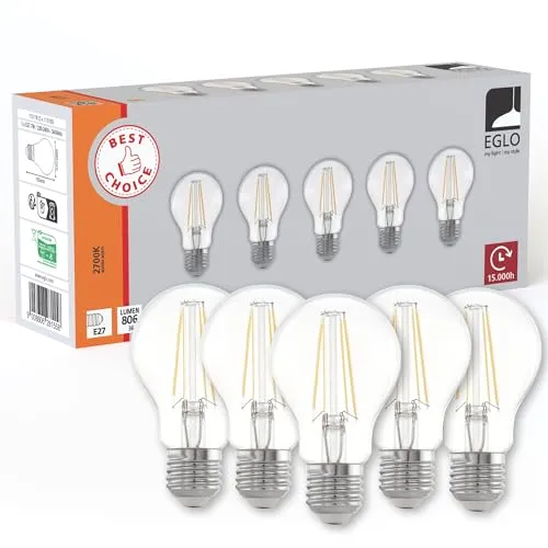 EGLO Set aus 5 E27 Filament LED Lampen, Edison Glühbirne transparent, 7 Watt (entspricht 60 Watt), 806 Lumen, Leuchtmittel warmweiß, 2700 K, Glühlampe A60, Ø 6 cm