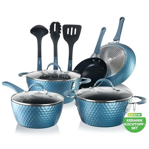 NutriChef 11-teiliges Topf- und Pfannenset - Topf- & Pfannensets mit langlebiger Antihaftbeschichtung und ergonomischen, hitzebeständigen Griffen für sicheres Kochen. Ideal für alle Herdarten, inklusive Induktion, und mit stilvollem Design in Königsblau.