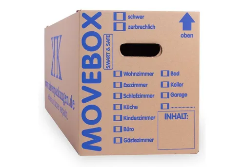 KK Verpackungen Umzugskarton Movebox Smart & Safe - Robuste Umzugskiste aus Wellpappe, ideal für den sicheren Transport von bis zu 30 kg. Praktische Maße für effizientes Packen und Umziehen.