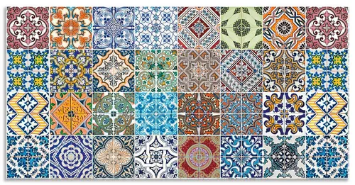 Artland Küchenrückwand Gemusterte Keramikfliesen - Sonstige Wanddekoration, UV-beständig und hitzebeständig, ideal für Küche und Bad, einfache Montage mit Klebeband, bunt und pflegeleicht.