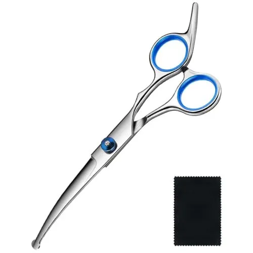 Hundeschere Gebogen und Reinigungstuch 2 in 1, Fellschere Hunde, 4CR 6.7in Profi Edelstahl Schere Hundehaare Schneiden Runde Grooming Hundeschere, Pfotenschere Gebogene Schere für Hunde und Katzen