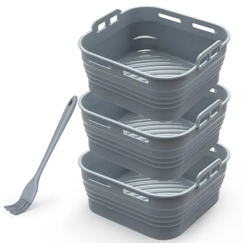 Alyvisun Silikonform für Heißluftfritteuse mit Öl Pinsel, 3 Stück Airfryer Silikonformen Wiederverwendbar Silikon Backform Zubehör Auflaufform Einsatz Mold für Air Fryer, Mikrowelle, Ofen(Grau)