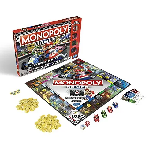 Monopoly Gamer Mario Kart - Gesellschaftsspiel für 2-4 Personen, ab 8 Jahren. Erlebe spannende Rennen mit Mario Kart-Figuren und dem Power-Up-Würfel für einzigartige Fähigkeiten – ideal für den Spieleabend!