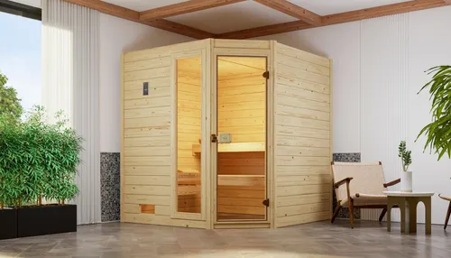 Weka Massivholzsauna Valida Eck 1.8 o. Ofen - Massivholzsauna für optimale Raumnutzung, gefertigt aus 38 mm starkem Fichtenholz mit Ganzglastür für ein offenes Raumgefühl und individuelle Anpassungsmöglichkeiten.