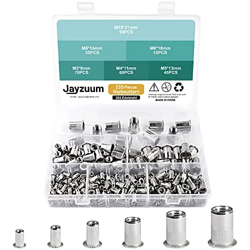 Jayzuum 235 Stück Nietmuttern Sortiment Set, M3 M4 M5 M6 M8 M10 A2-70 Edelstahl Zugnietmutter Rivet nuts Muttern mit Aufbewahrungsbox (breit) (235 Stück Nietmuttern)