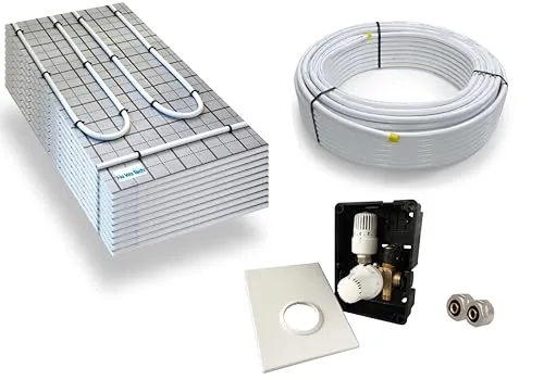 Warmwasser Tackerplatte Fußbodenheizung HoWaTech TAC Komplett Set 5/10m² Dämmplatte 20mm EPS WLG 045 DES und Regelbox TH-RTL, Heizfläche:5.00m²