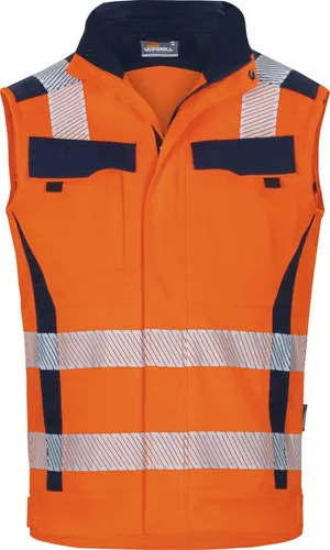 vizwell Warnschutz Weste HiVis elastisch dehnbar in warnorange und warngelb - Robuste Arbeitsweste für optimale Sichtbarkeit und Bewegungsfreiheit. Aus reißfestem Material mit reflektierenden Streifen, ideal für den professionellen Einsatz.
