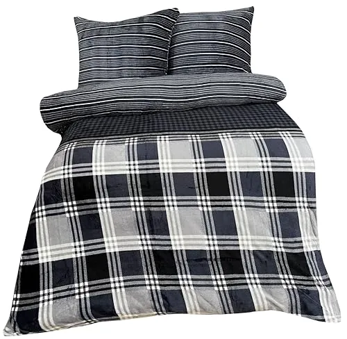 one-home Winter Bettwäsche Teddy Plüsch Nicki Cashmere Touch Coral Fleece Flauschig Kuschelig Warm Weich, Größe:3 teilig 200x220 cm, Farbe:Kariert anthrazit Silber