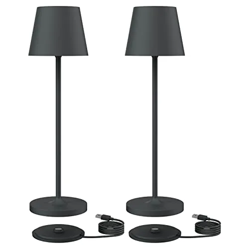 Klighten 2 Stück Dimmbare LED Akku Tischlampe, Warme Lichtfarbe 3000K, Aufladbar Designer Tischleuchte mit USB Ladestation, Anthrazit, Aluminium, Für Innen und Aussen