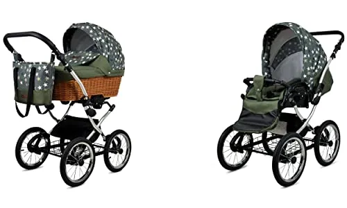 BabyLux ALU 2in1 Kinderwagen für Kleinkinder – Kinderwagen für Neugeborene und Kleinkinder – Baby Neugeborenen Kinderwagen – 59x105x125cm – Max. 15kg – Olive Star Silver Frame