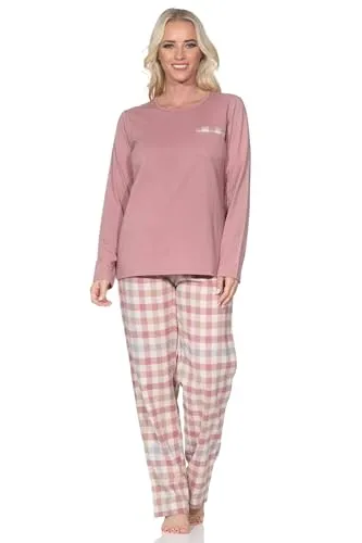 Normann Damen Schlafanzug lang Pyjama mit Flanell Pyjamahose in Karo Optik, Farbe:Altrose, Größe:44-46