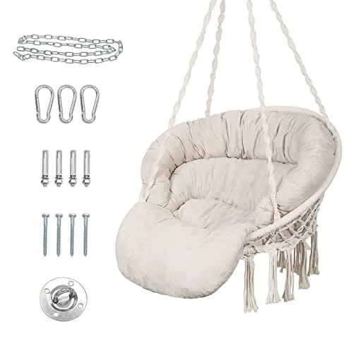Bathonly Hängesessel mit Kissen, handgefertigter Makramee-Schaukelstuhl mit mit hängenden Kits, Bohemian Coton Hängeschaukel, Hängestuhl für Indoor & Outdoor, bis 150 kg belastbar, Beige