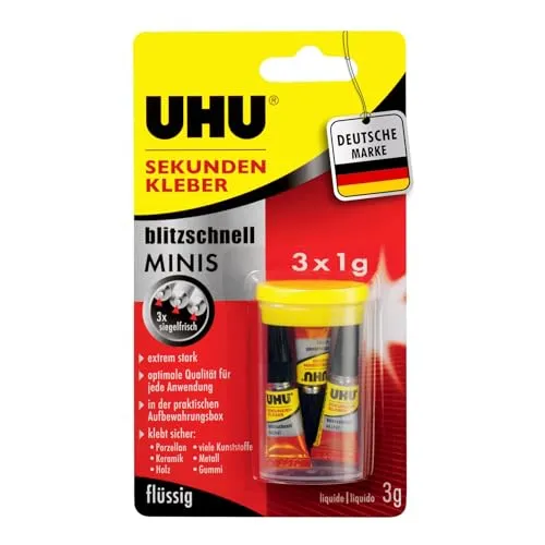 UHU Sekundenkleber extra stark | 3x1g Tuben mit Aufbewahrungsbox - Klebstoffe – blitzschneller, wasserresistenter Superkleber für präzise Anwendungen auf Kunststoff, Metall, Holz und mehr. Ideal für schnelle Reparaturen und kommt in praktischer Aufbewahrungsbox.