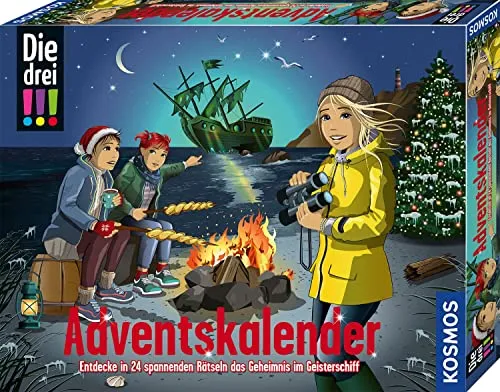 KOSMOS 632458 Die drei !!! Adventskalender - Spielzeug-Adventskalender mit 24 Detektiv-Gimmicks und spannender Rätselgeschichte. Ideal für Kinder ab 8 Jahren, die ein geheimnisvolles Schiffswrack erkunden möchten.