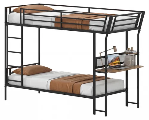COSTWAY Etagenbett mit Schreibtisch und Rausfallschutz, Hochbett 90x200 cm aus Metall - Kombinieren Sie Schlaf- und Arbeitsbereich in einem cleveren Design! Robust, stabil und mit integriertem Arbeitsplatz – ideal für kleine Räume. Hohe Sicherheit durch Geländer und Kippschutz.