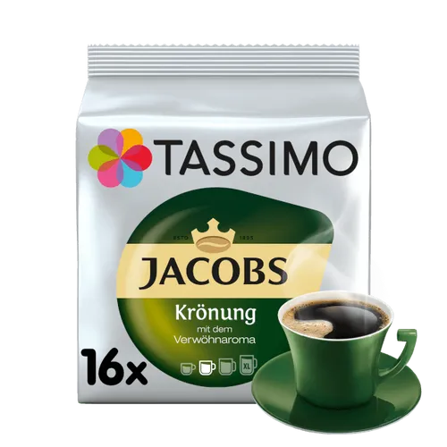 Tassimo Jacobs Krönung 2577 - Erlesener Kaffeegenuss - Kaffeekapseln für TASSIMO mit einzigartigem Verwöhnaroma, hochwertige Getränkequalität und unverwechselbarer Geschmack. Perfekt für jeden Kaffeeliebhaber.