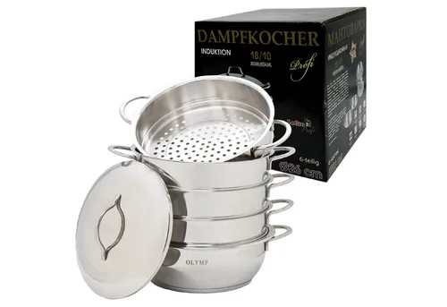 Olymp Handels GmbH Mantowarka Dampfkocher Ø26 cm 6Tlg - Dampfgarer aus Edelstahl für gesundes Kochen, ideal zum Dämpfen von Fleisch, Fisch, Gemüse und Teigwaren. Spülmaschinengeeignet und für alle Herdarten, inklusive Induktion.