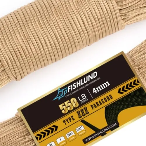 FISHLUND 4 mm Paracord 550 Nylon 7 Stränge Fallschirmschnur Typ III für Camping, Outdoor - Beige - 30m