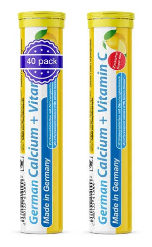 German Calcium + Vitamin C Brausetabletten 2x20 Stk. Zitronengeschmack - 300 mg Kalzium, 75 mg Vitamin C Zuckerfrei - T&D Pharma – Germany