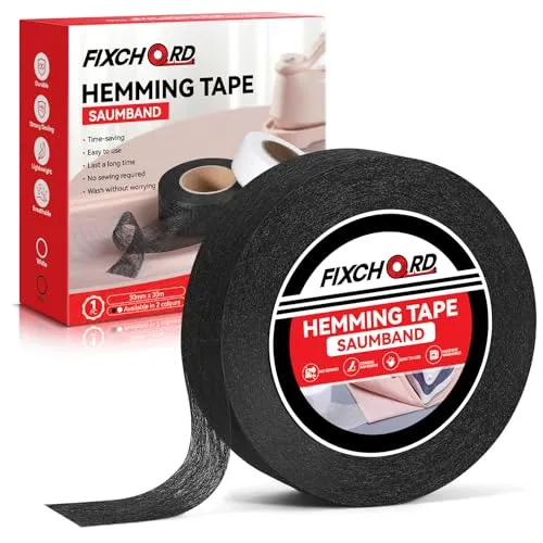 FIXCHORD Saumband, Saumband zum Aufbügeln, Bügelband zum Aufbügeln, Bügelband zum Kürzen für Vorhänge, Bügelkleber für Textilien, Gardinen kürzen ohne Nähen (Schwarz, 30m x 30mm)
