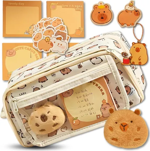 EDIBAZZAR | Schulmäppchen dreikompartimentig, geräumig, mit Zubehör, Kapibara-Maskottchen