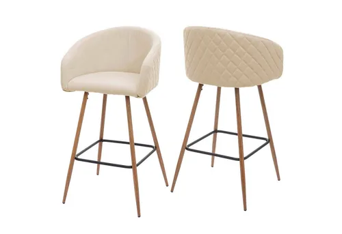 PROREGAL® Barhocker 2xBarhocker Sitzhöhe 74cm Metall Holzoptik Stoff Creme-Beige mit Lehne