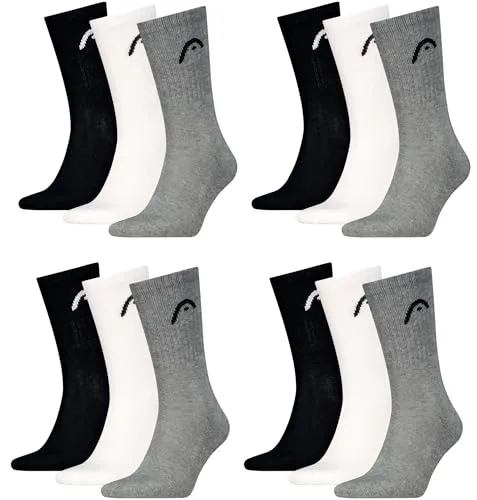HEAD Herren Damen Sportsocken Crew Style im 12er Pack (43-46, schwarz/weiß/grau)