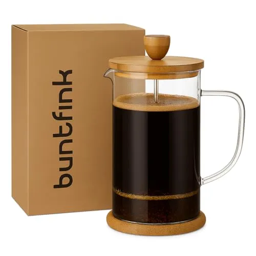 Buntfink French Press 1 Liter Glas – Kaffeebereiter mit Edelstahl-Filter & Bambus-Deckel – mit je 2 Kork-Untersetzer & Ersatz-Siebfilter – Kaffeepresse für Kaffee & Tee – spülmaschinenfest, BPA-frei