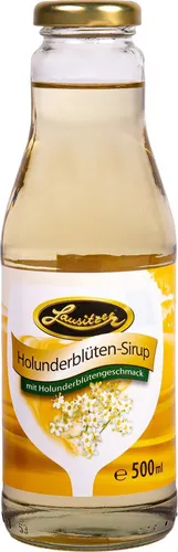 Lausitzer Holunderblüten-Sirup 500ml - Sirup für erfrischende Getränke und Desserts, mit blumigem Aroma und ideal für Cocktails oder einfach mit Wasser gemischt.