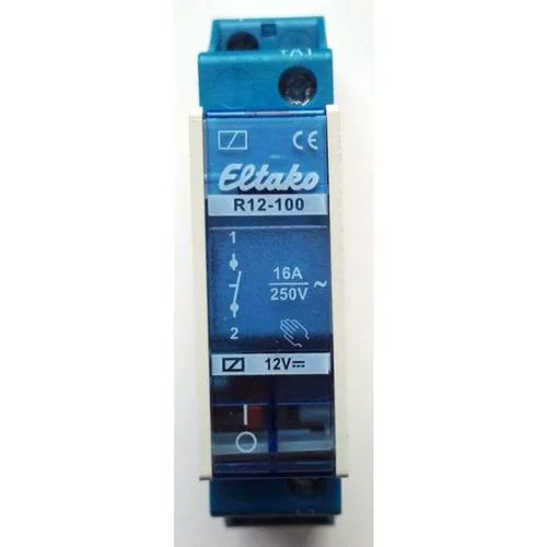 Eltako R12-100-12VDC Installationsrelais - 1-poliges 16A Relais für DIN-Schiene, ideal für präzise Steuerung in Elektroinstallationen, mit breitem Spannungsbereich von 12-230V AC/DC.