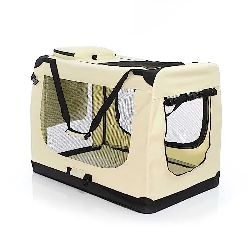 Fudajo Faltbare Transportbox für Hunde, Katzen XXL (90x60x64cm), robust, leicht, sicher, Hundebox mit Tragegriff und Decke, Beige
