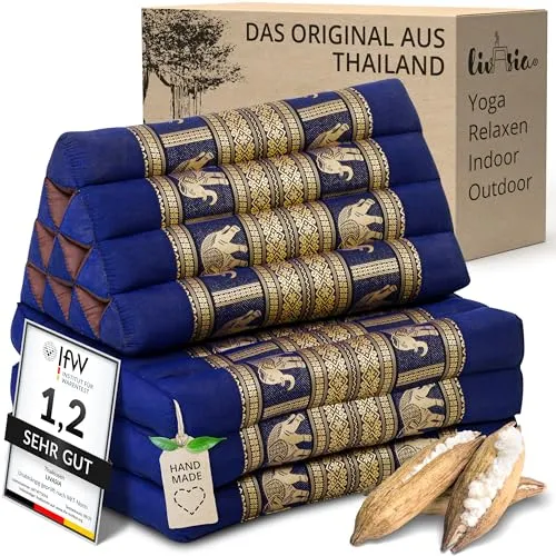 livasia Thaikissen 3 Auflagen - Faltbares Dreieckskissen mit Kapokfüllung (Blau/Elefanten Seide) - Erlebe mit dem livasia Thaikissen ultimativen Komfort für Entspannung und Meditation. Handgefertigt aus nachhaltigen Materialien, bietet es eine bequeme Rückenstütze und lässt sich platzsparend verstauen.