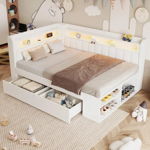 MODFU Kinderbett Polsterbett 90x200 mit USB-Anschluss und LED-Lichtleiste