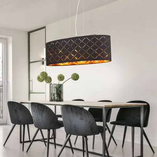 Moderne Hängelampe schwarz-gold für Esszimmer, 3-flammig - Hängelampe für Esszimmer und Wohnzimmer, 3x E27 Fassungen, inklusive LED Leuchtmittel, setzt stilvolle Akzente mit Dekorstanzungen und goldener Innenfarbe.