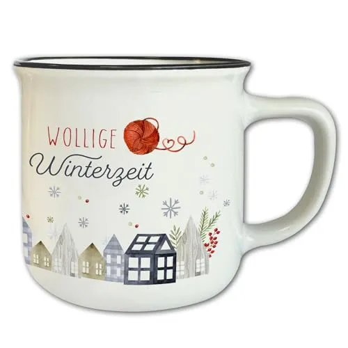Vintage Tasse Weiß mit Spruch T137 ″Wollige Winterzeit″ Motivtasse Geschenk Stricken Häkeln Retro Keramik 330 ml