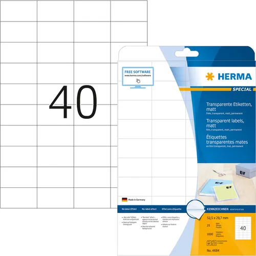 Herma 4684 Transparente Etiketten 52.5 x 29.7mm - 1000 Stück - Folienetiketten, selbstklebend und wetterfest, ideal für Beschriftungen auf farbigem Untergrund oder Glas. Made in Germany, mit No-Label-Effekt für einen professionellen Look.