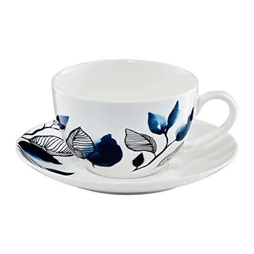 Ambition Kaffeeset Blue Flower 12 Tlg. Tassen Untertassen Kaffeeservice Teeservice für 6 Personen Pflanzenmuster Porzellan