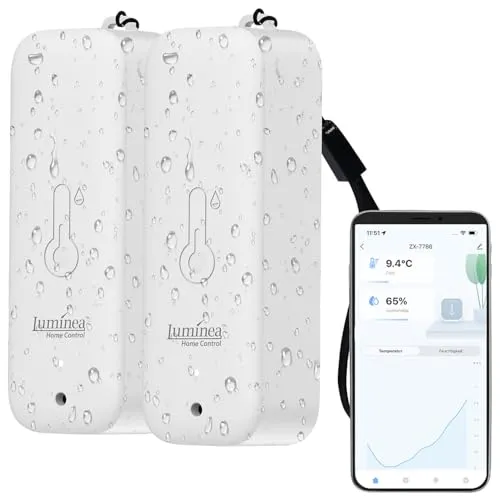 Luminea Home Control Hygrometer Digitale Mini: 2er-Set Thermometer & Hygrometer mit Bluetooth & App, wetterfest, IP65 (Thermometer Digitale außen, mit Bluetooth, Kühlschrank Alarm)