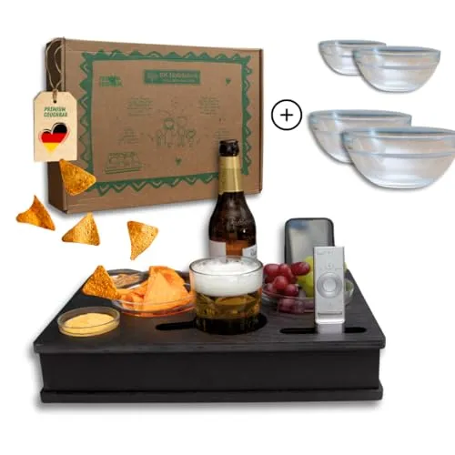 PEGSEN Servierplatte All in One Couchbox mit 4 Glasschalen - Servierplatten für Snacks und Getränke, stabil und sicher, ideal für gemütliche Abende auf der Couch.