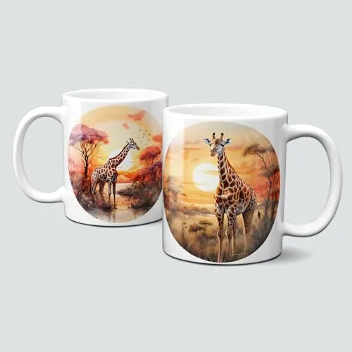 online-hut - Tasse - Kaffeebecher - Giraffen - African Sunset - Sonnenuntergang - Steppe - Savanne - Close up - Afrikanischer Sonnenuntergang - Tiere - Watercolor - Motivtasse - Geschenkidee - LT-1189