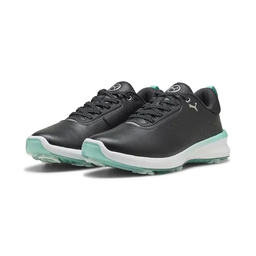 PUMA IGNITE Blaze 2 Golfschuhe Damen, Gr. 38.5 - Hochwertige Golfschuhe für Damen mit IGNITE FOAM für optimalen Komfort und FLEXSPIKE Außensohle für besten Grip. In stilvollem Schwarz mit Aquatic Green, ideal für präzise Schwünge auf dem Golfplatz.