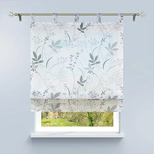 HongYa Raffrollo Voile Schlaufenrollo Transparente Raffgardine mit Schlaufen Küche Vorhang Kleinfenster H/B 140/60 cm Blatt Muster