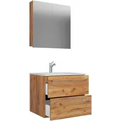 VCM 3-tlg. Waschplatz Waschtisch mit Spiegelschrank - Badmöbel-Set hängend, inklusive Unterschrank mit zwei Schubladen und modernem Keramik-Waschbecken, ideal für kleine Bäder.